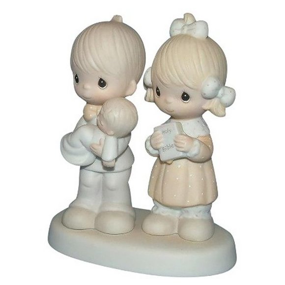 PRECIOUS MOMENTS 1980 E4724 Rejoicing Baptism Figurine Porcelain Baby Bible God - Picture 1 of 12